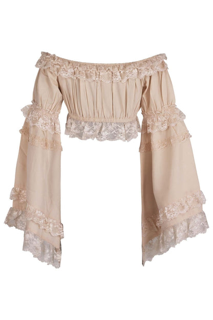 Beige Smocked Flare Sleeve Peasant Top.