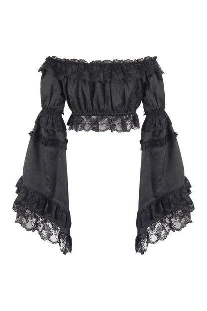 Black Brocade Smocked Flare Sleeve Peasant Top.