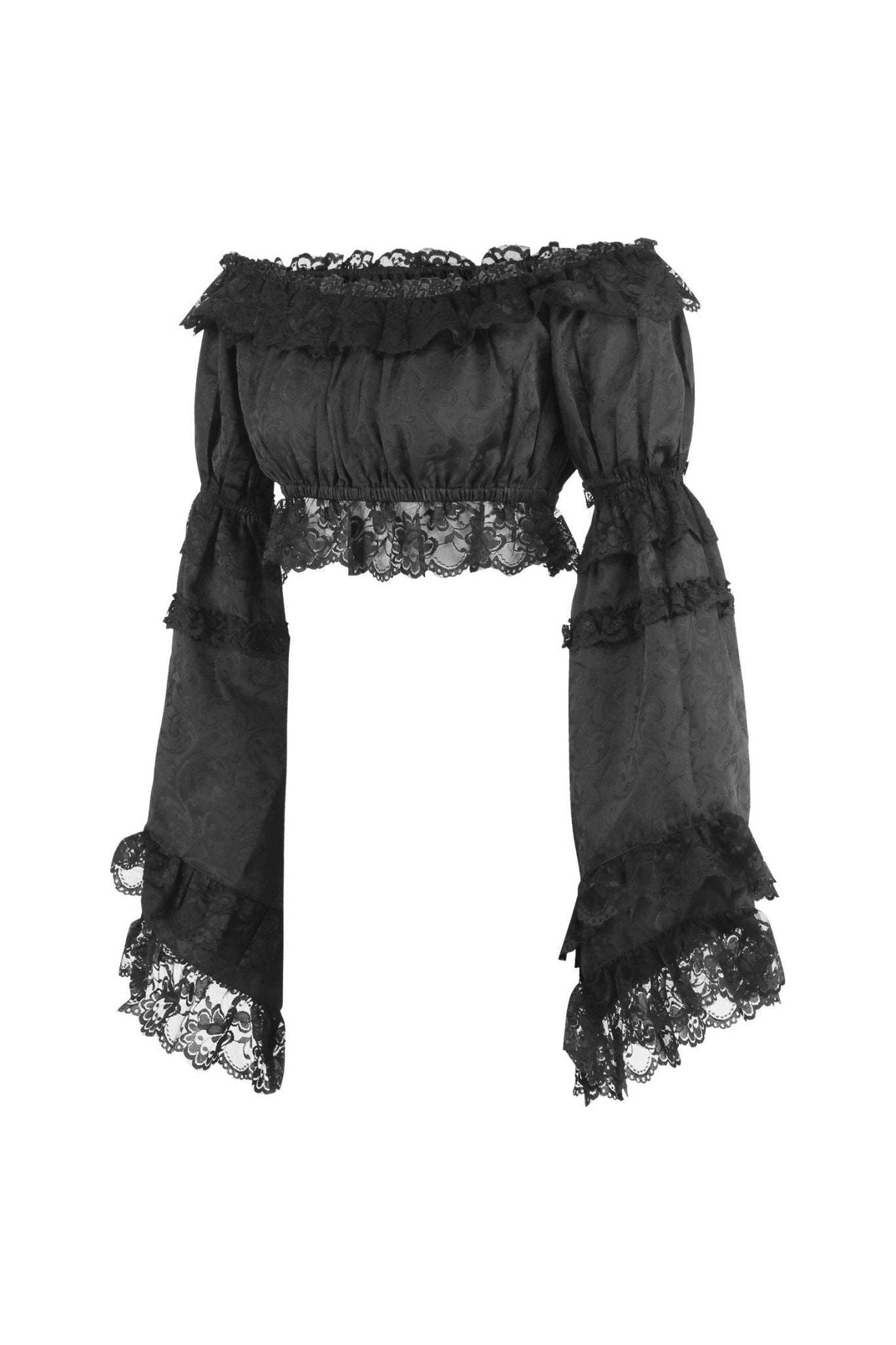 Black Brocade Smocked Flare Sleeve Peasant Top.