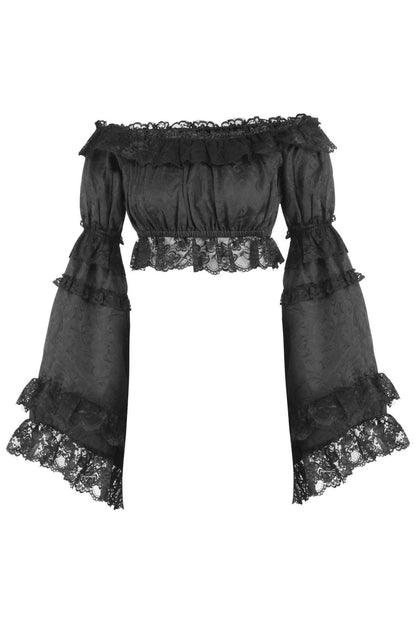 Black Brocade Smocked Flare Sleeve Peasant Top.