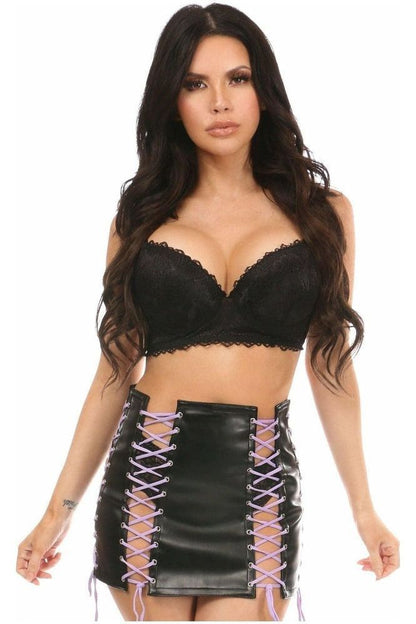 Black Faux Leather Lace-Up Skirt w/Purple Lacing