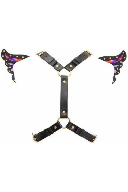Black Faux Leather & Rainbow Holo Butterfly Wing Harness