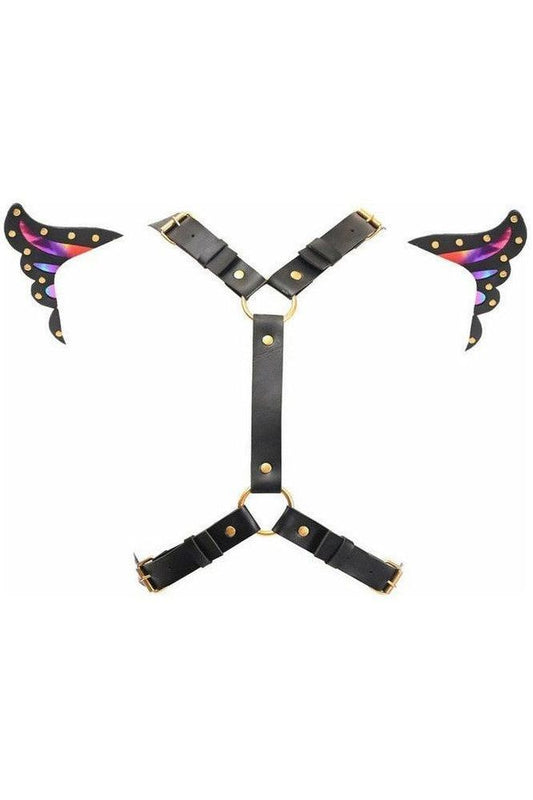Black Faux Leather & Rainbow Holo Butterfly Wing Harness
