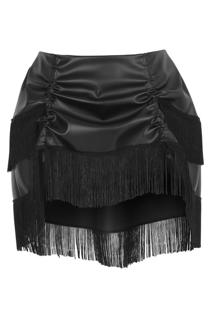Black Faux Leather Ruched Bustle Skirt w/Fringe
