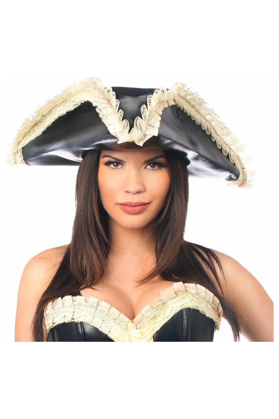 Black Faux Leather w/Cream Lace Pirate Hat - Costume Accessory