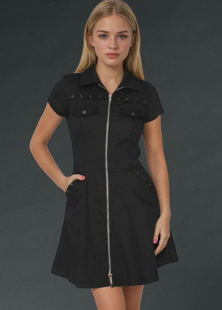 Black Gothic Mini Dress with Front Zipper
