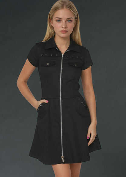 Black Gothic Mini Dress with Front Zipper