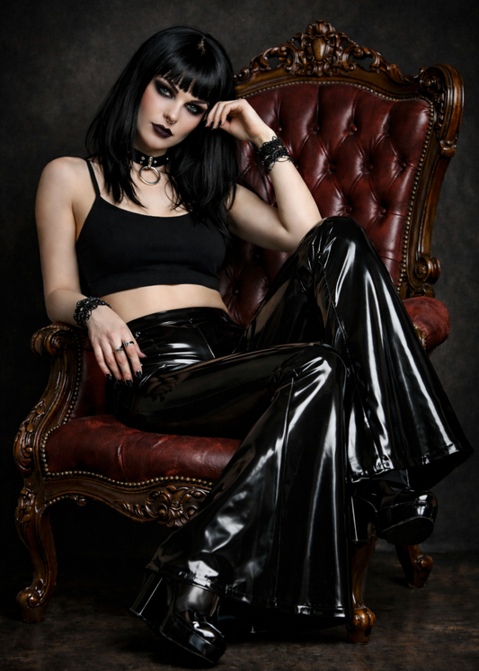 Black Latex Bell Bottom Flare Pants