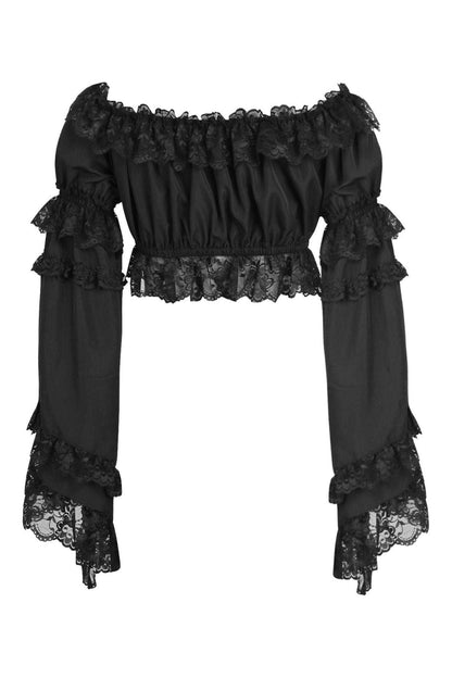 Black Smocked Flare Sleeve Peasant Top.