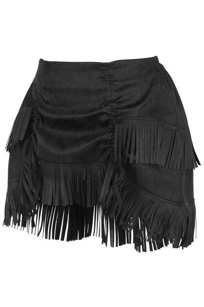 Black Suede Ruched Bustle Skirt w/Fringe