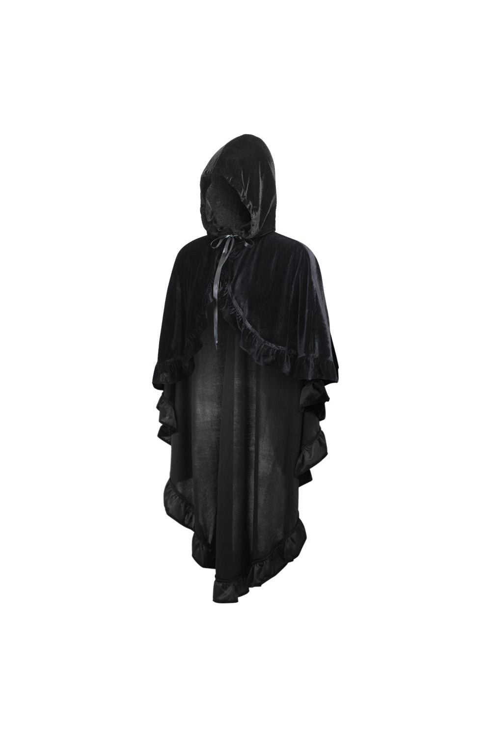 Black Velvet Hooded Ruffle Cape.