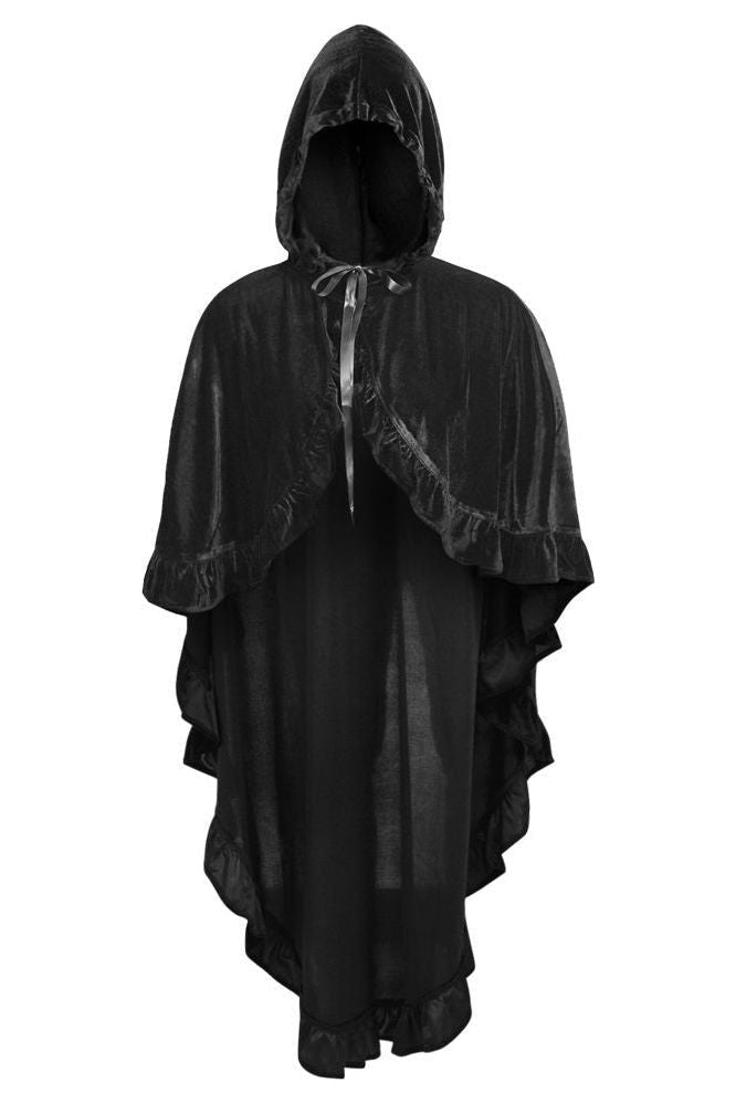 Black Velvet Hooded Ruffle Cape.