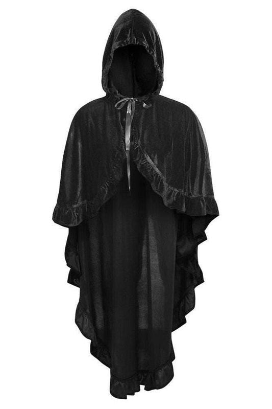 Black Velvet Hooded Ruffle Cape