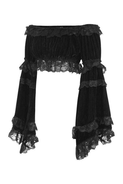 Black Velvet Smocked Flare Sleeve Peasant Top