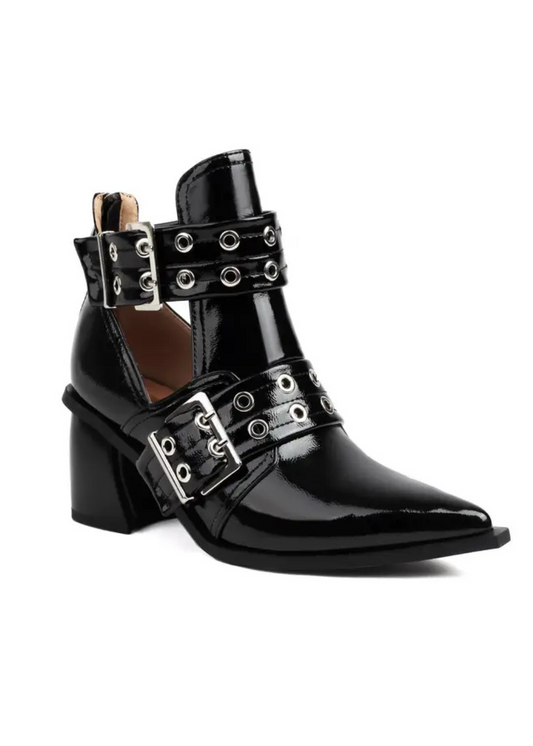 Rebel Heart Black Buckle Pointed Toe Ankle Boots