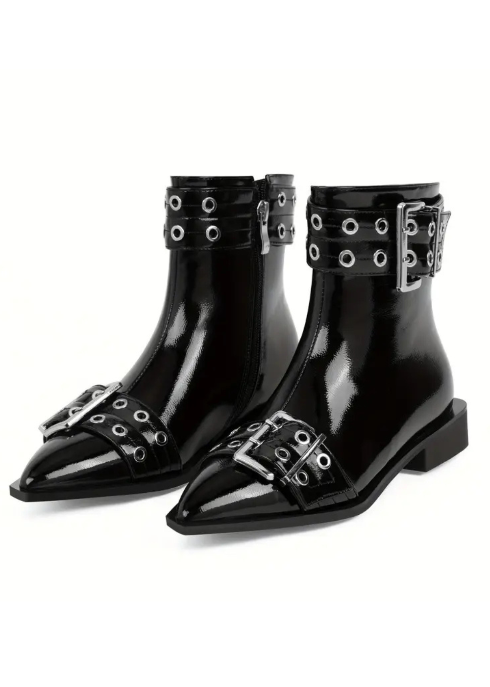 Rockstar Black Buckle Pointed Toe Ankle Boots