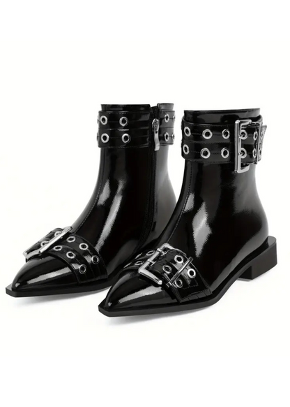 Rockstar Black Buckle Pointed Toe Ankle Boots