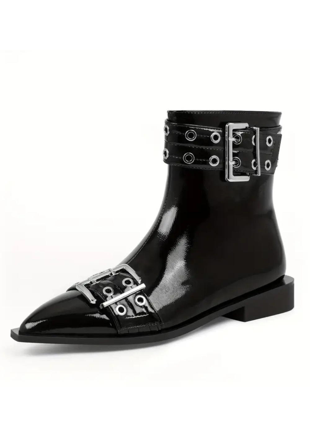 Rockstar Black Buckle Pointed Toe Ankle Boots