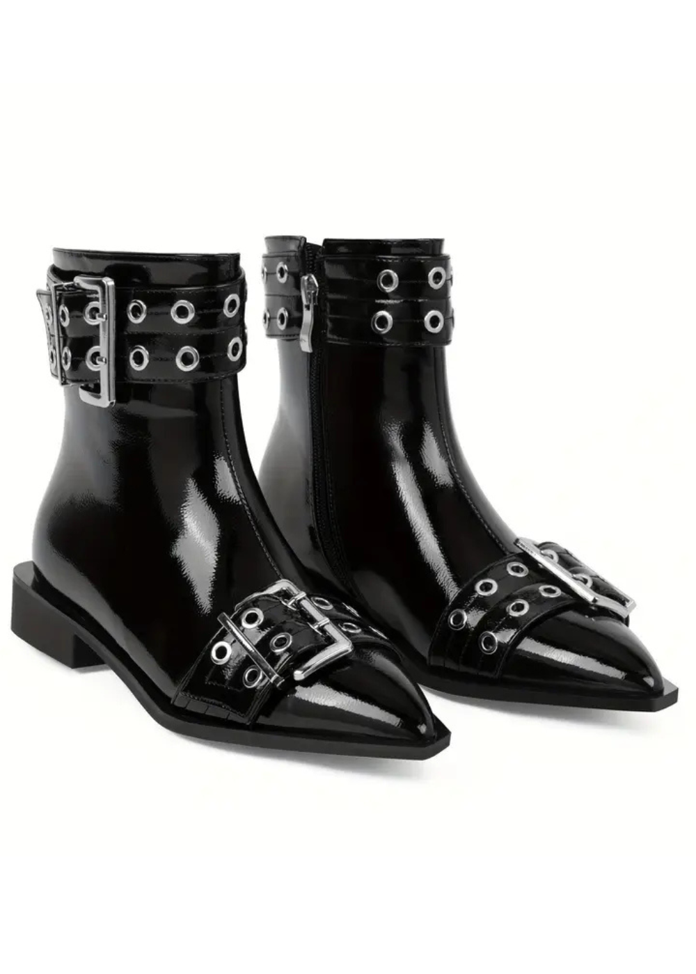 Rockstar Black Buckle Pointed Toe Ankle Boots
