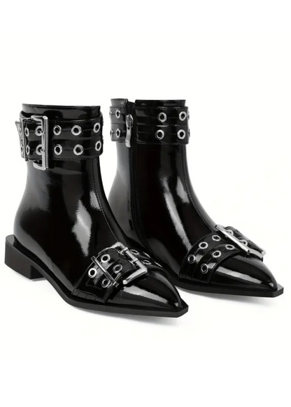 Rockstar Black Buckle Pointed Toe Ankle Boots