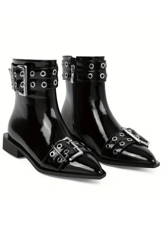 Rockstar Black Buckle Pointed Toe Ankle Boots