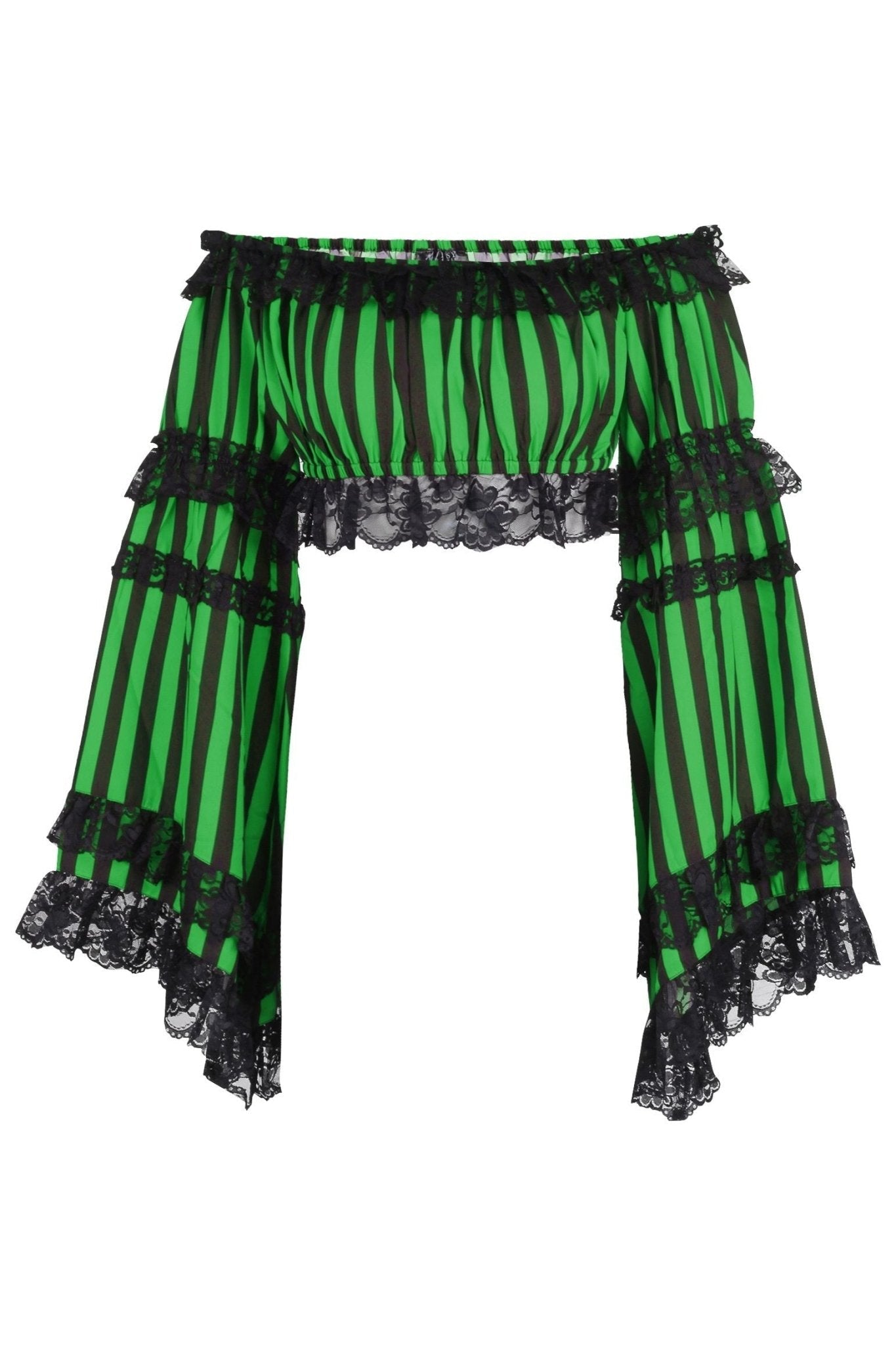 Black/Green Striped Smocked Flare Sleeve Peasant Top