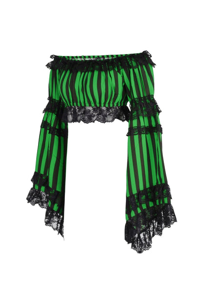 Black/Green Striped Smocked Flare Sleeve Peasant Top