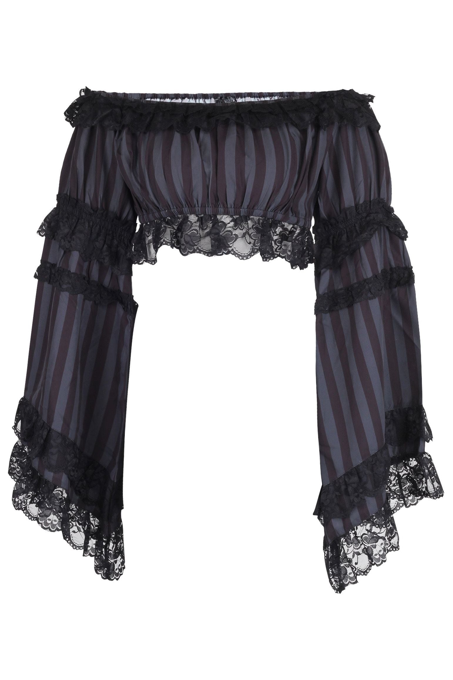 Black/Grey Striped Smocked Flare Sleeve Peasant Top.