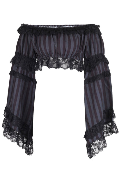 Black/Grey Striped Smocked Flare Sleeve Peasant Top.