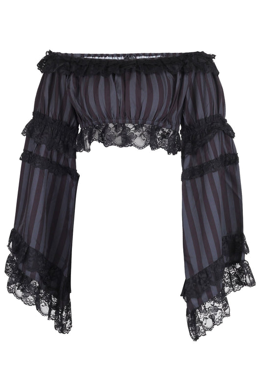 Black/Grey Striped Smocked Flare Sleeve Peasant Top.