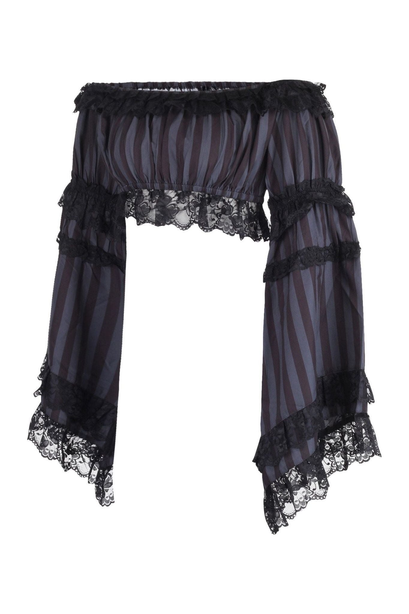 Black/Grey Striped Smocked Flare Sleeve Peasant Top.