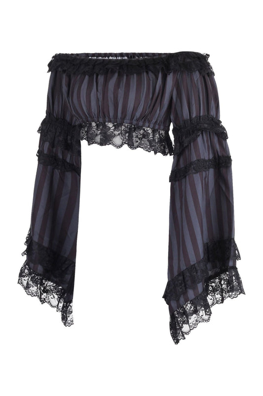 Black/Grey Striped Smocked Flare Sleeve Peasant Top.