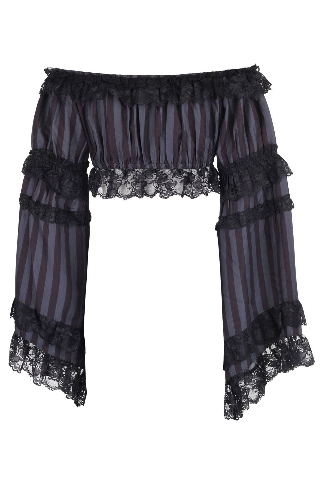 Black/Grey Striped Smocked Flare Sleeve Peasant Top.