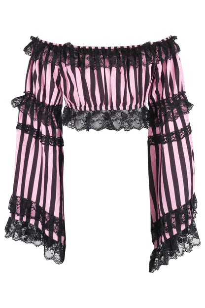 Black/Pink Striped Smocked Flare Sleeve Peasant Top.