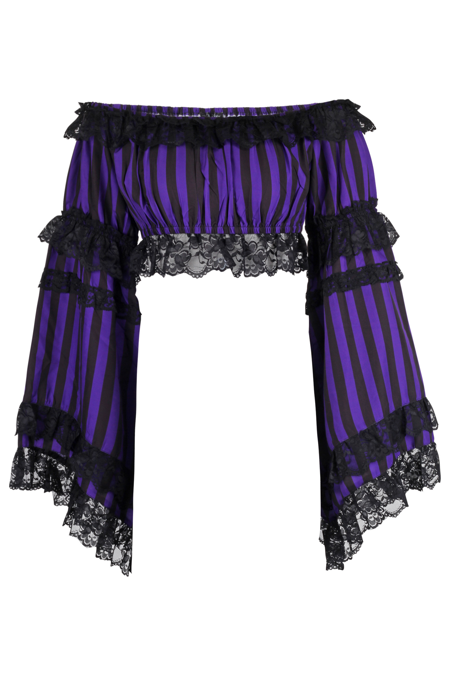 Black/Purple Striped Smocked Flare Sleeve Peasant Top.