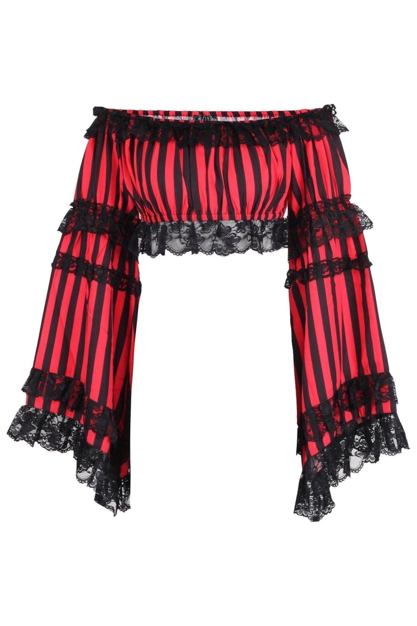 Black/Red Striped Smocked Flare Sleeve Peasant Top.