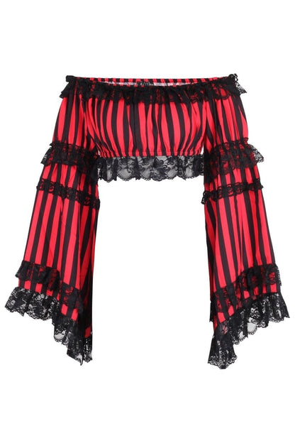 Black/Red Striped Smocked Flare Sleeve Peasant Top.