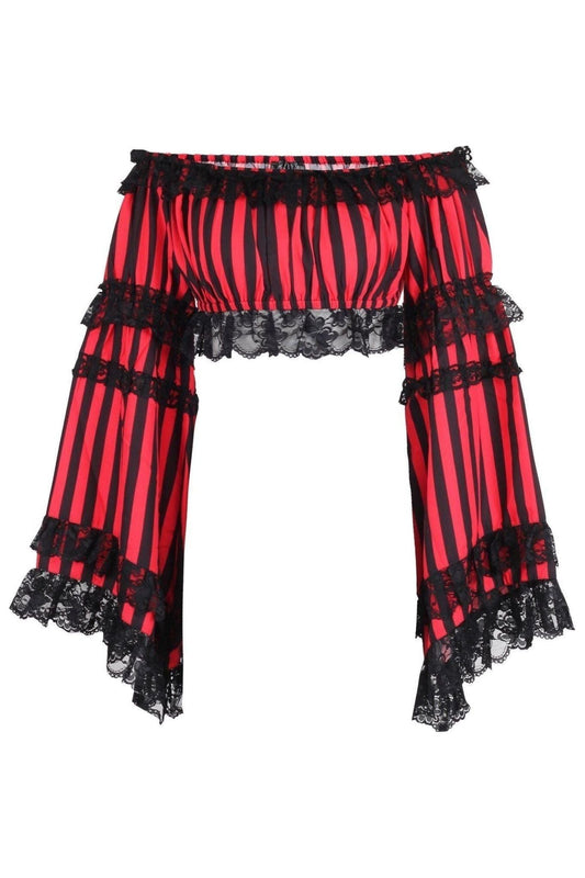 Black/Red Striped Smocked Flare Sleeve Peasant Top.