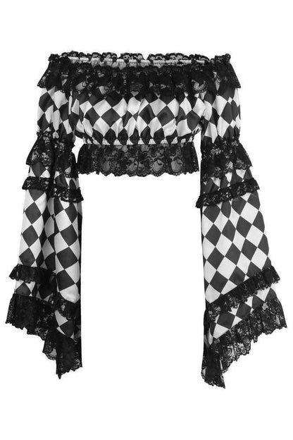 Black/White Diamond Print Satin & Lace Peasant Top