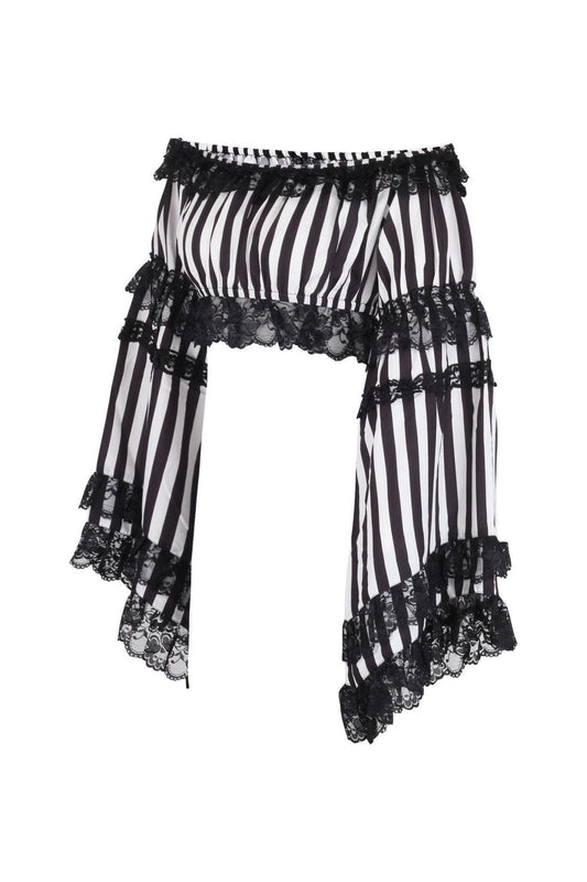 Black/White Striped Smocked Flare Sleeve Peasant Top.