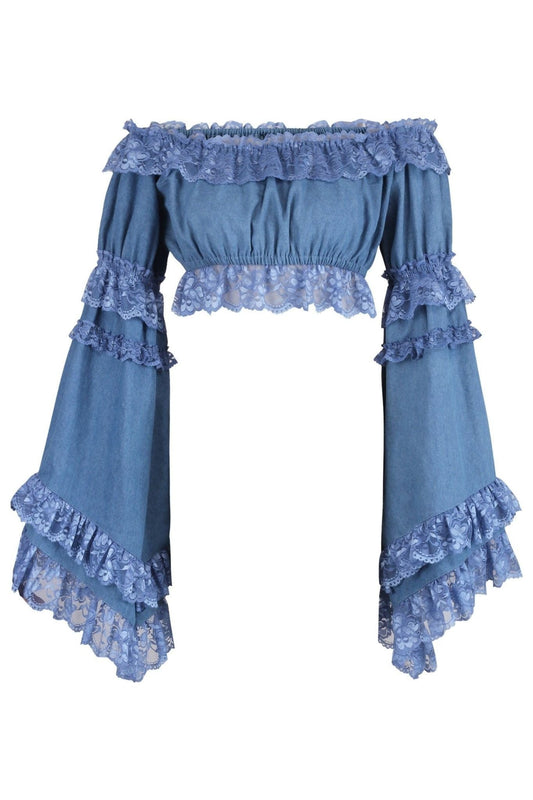 Blue Denim Smocked Flare Sleeve Peasant Top.