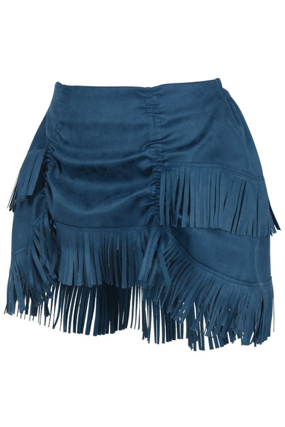 Blue Suede Ruched Bustle Skirt w/Fringe