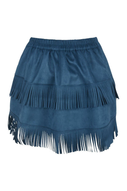 Blue Suede Ruched Bustle Skirt w/Fringe