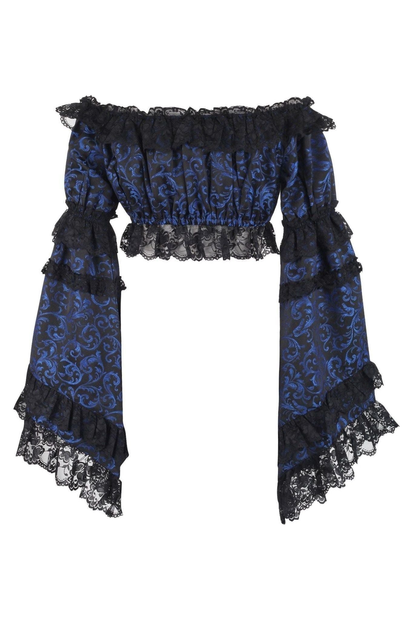Blue/Black Brocade Smocked Flare Sleeve Peasant Top.