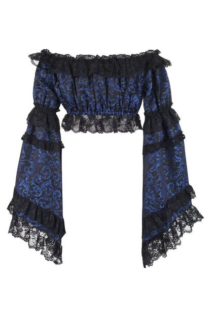 Blue/Black Brocade Smocked Flare Sleeve Peasant Top.