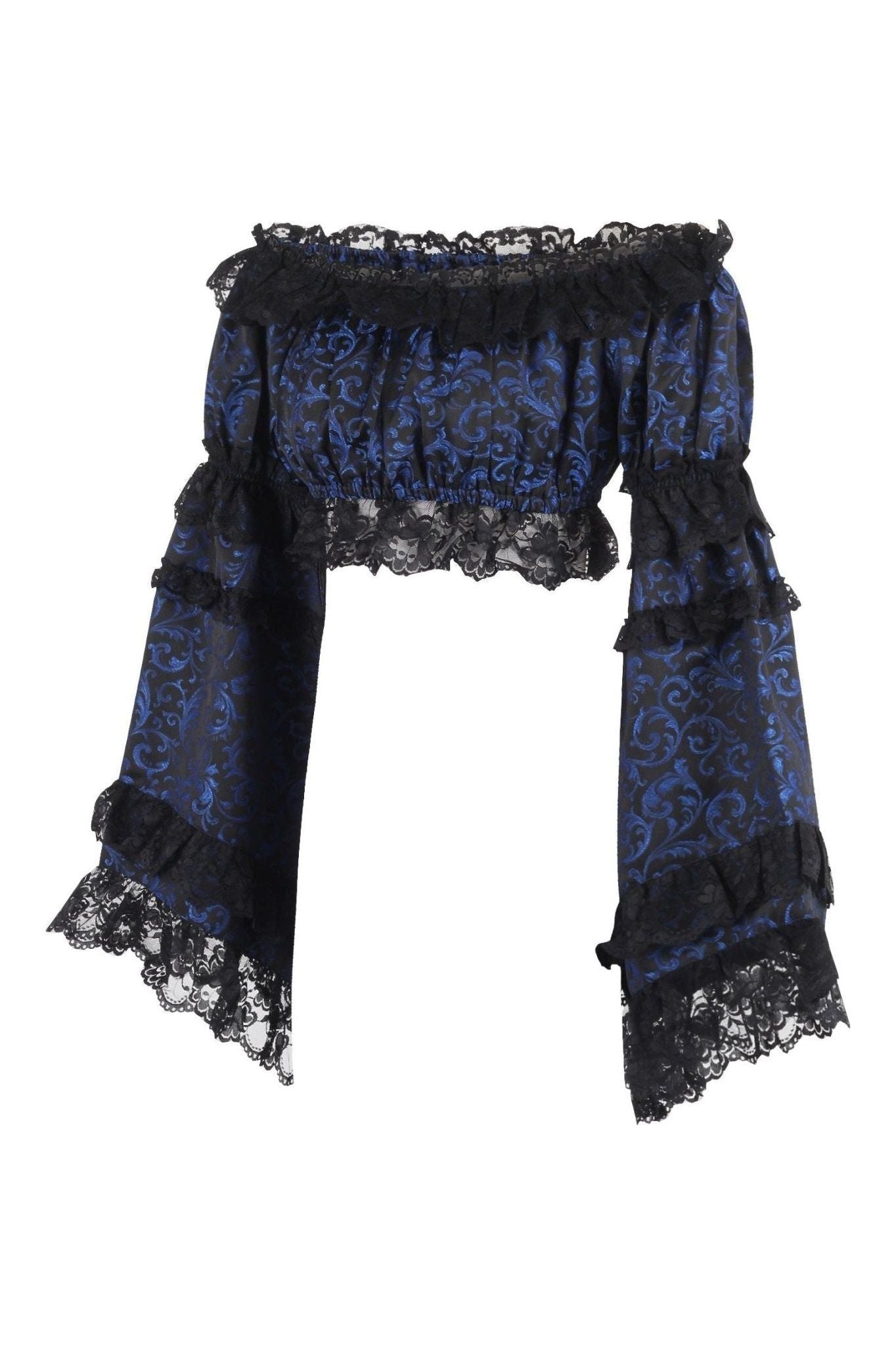 Blue/Black Brocade Smocked Flare Sleeve Peasant Top.