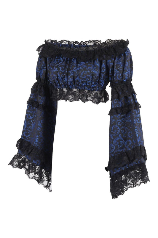 Blue/Black Brocade Smocked Flare Sleeve Peasant Top.