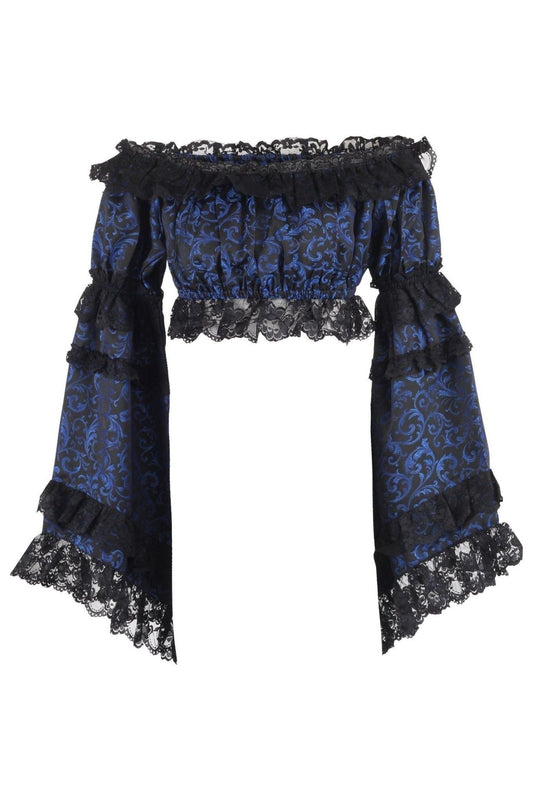 Blue/Black Brocade Smocked Flare Sleeve Peasant Top.