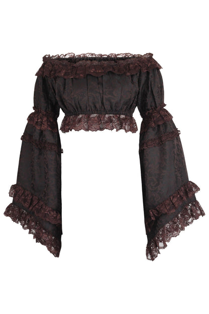 Brown Brocade Smocked Flare Sleeve Peasant Top