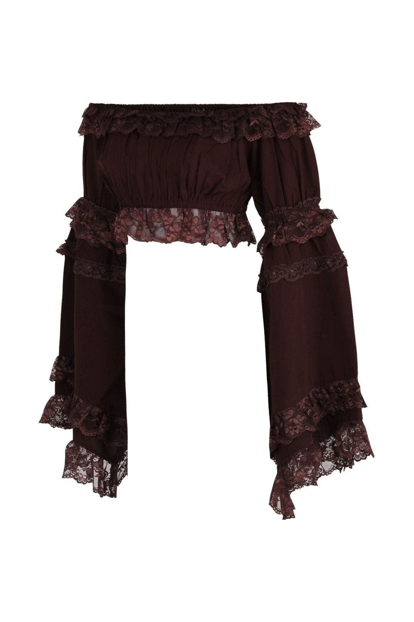 Brown Smocked Flare Sleeve Peasant Top.